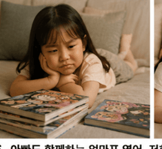 그림책 대신 만화책을 쌓아놓고 시무룩한 표정