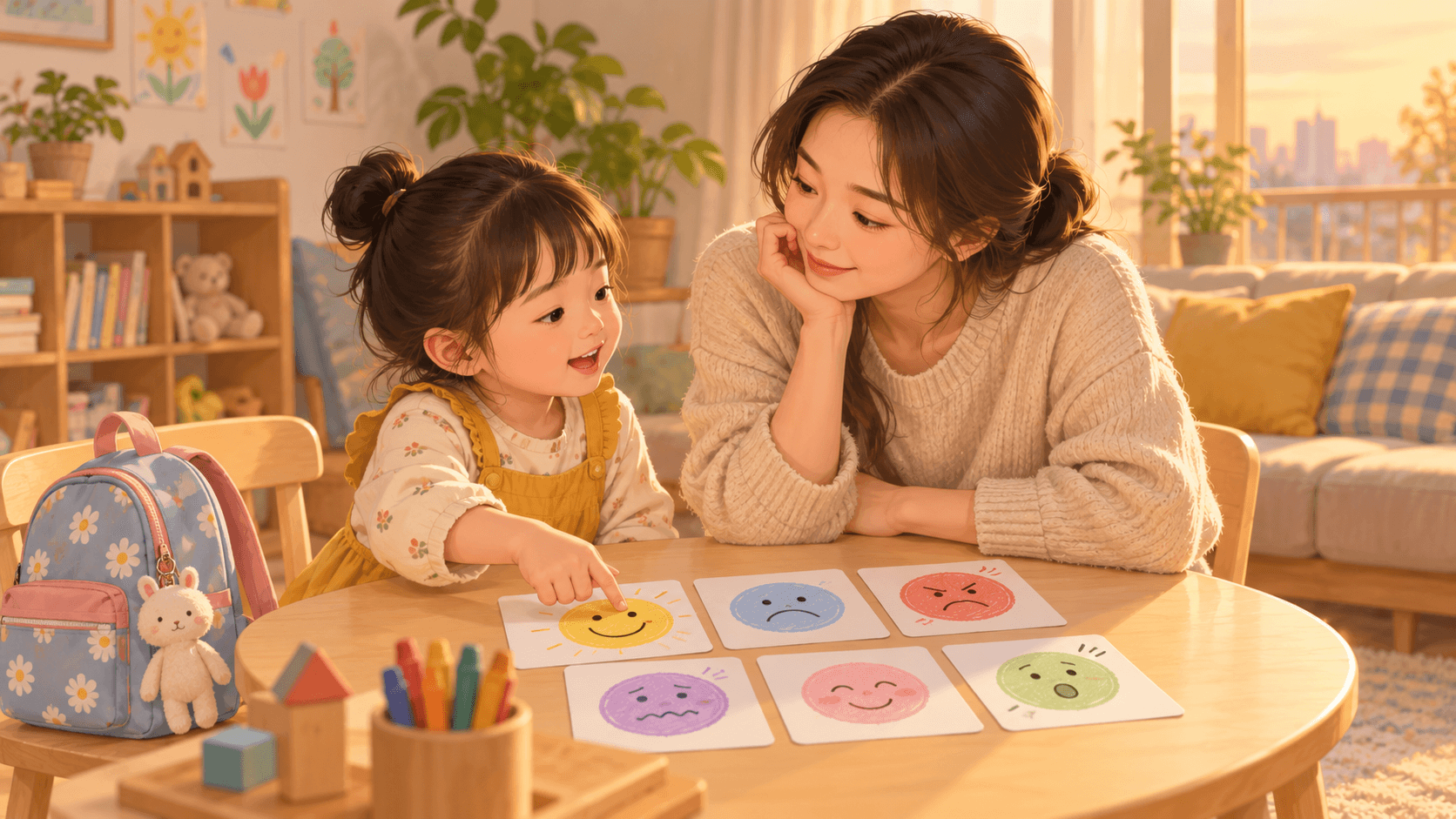 하원 후 엄마와 아이가 감정 카드를 보며 이야기하는 모습