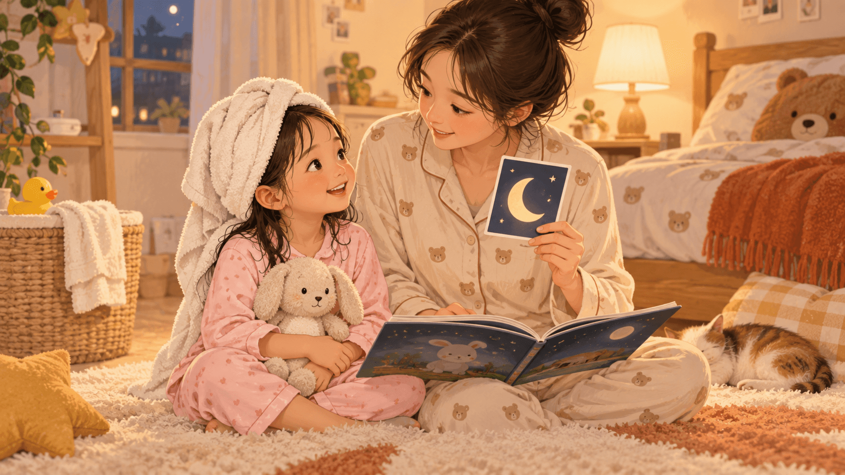 잠자리 전 그림책을 함께 보는 엄마와 아이