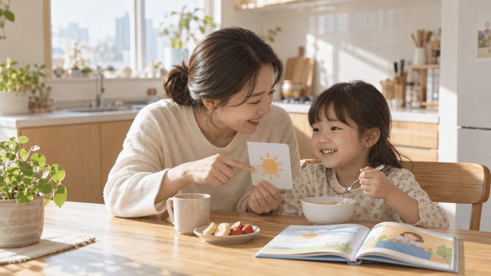 아침 식탁에서 그림 카드와 영어 그림책을 보며 영어로 대화하는 엄마와 아이