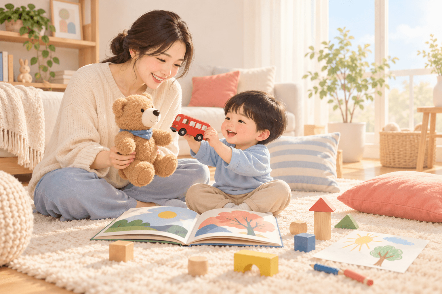 영어 그림책을 읽은 뒤 인형과 장난감으로 이야기를 이어가는 엄마와 아이