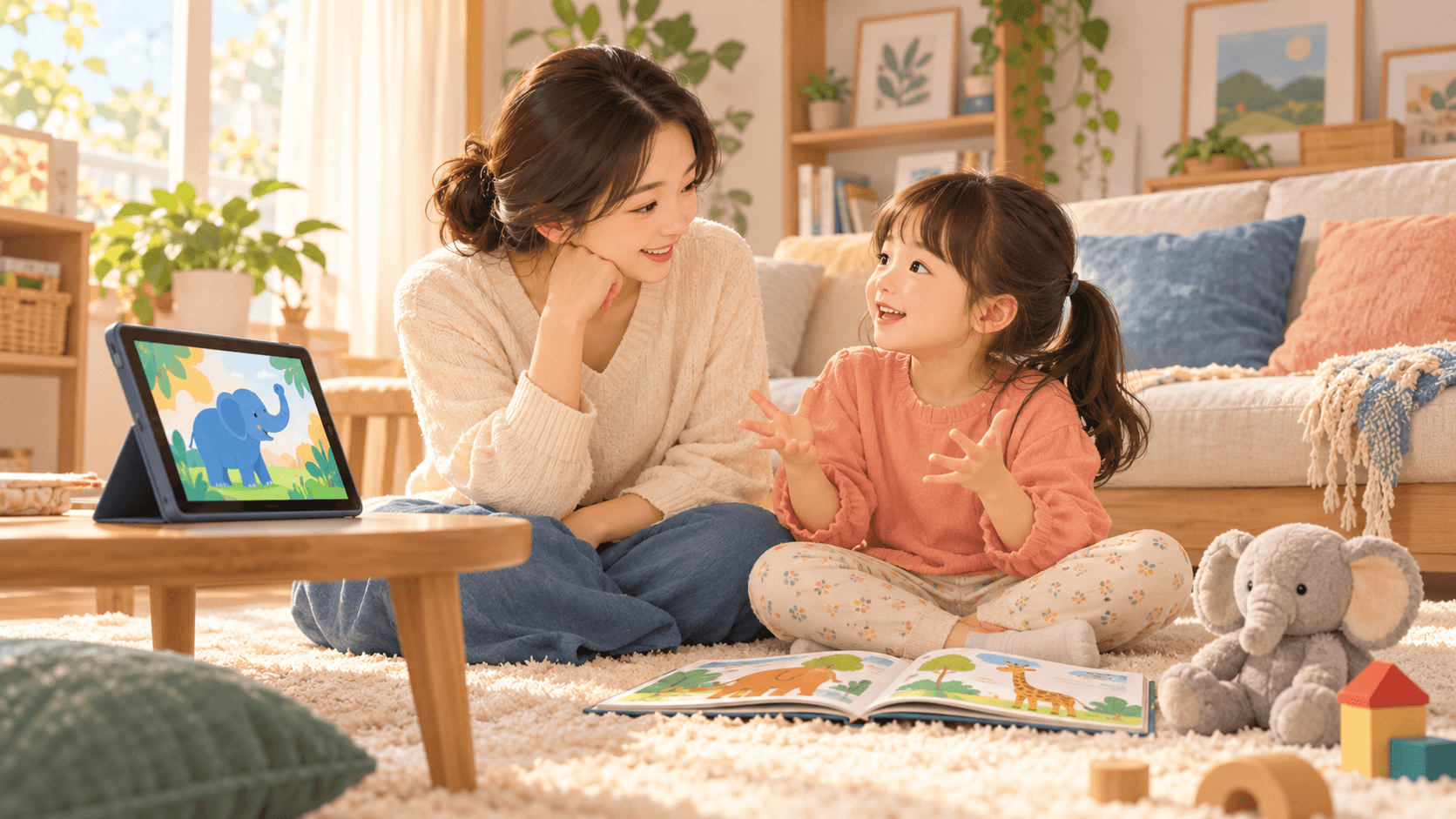 영어 영상을 본 뒤 엄마와 아이가 그림책과 장난감으로 이야기하는 모습