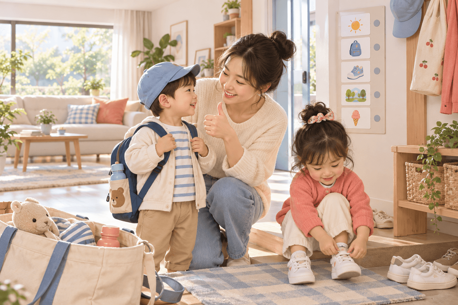 주말 아침 외출을 준비하며 아이들과 영어를 나누는 엄마