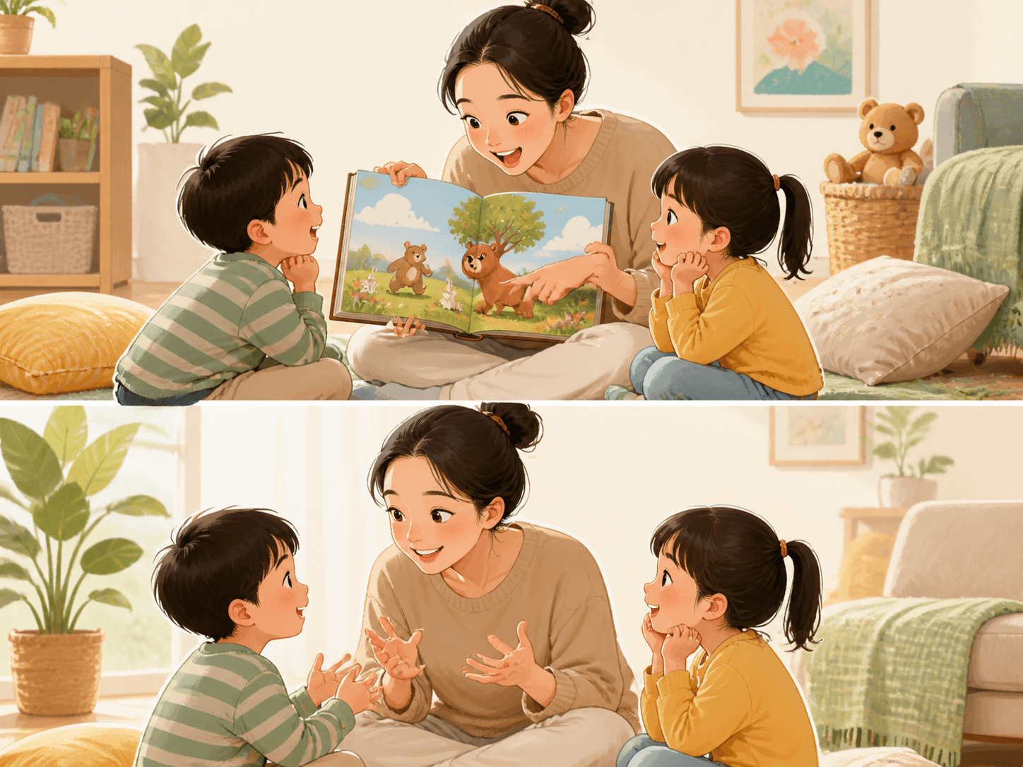 표정과 몸짓을 살려 영어 그림책을 읽어주는 부모