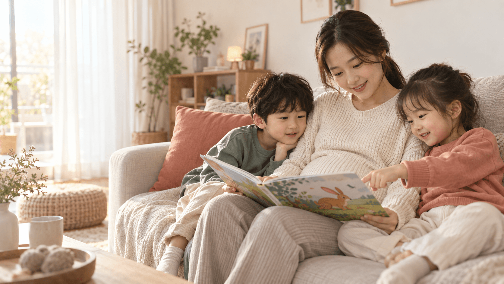 임신 초기의 엄마가 두 아이와 소파에서 영어 그림책을 읽는 가족