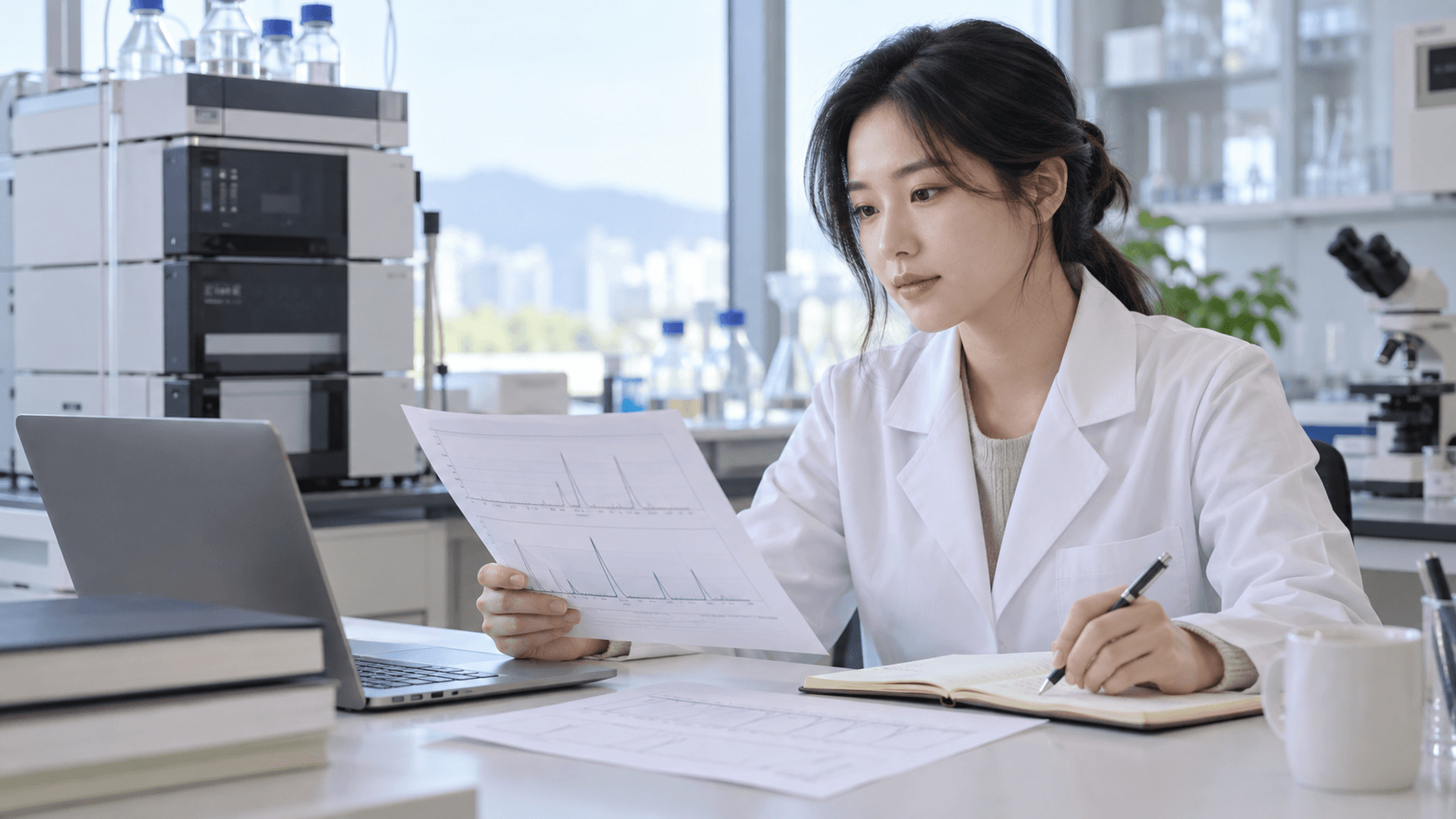 HPLC 분석 자료와 노트를 검토하며 영어 미팅을 준비하는 분석 연구원
