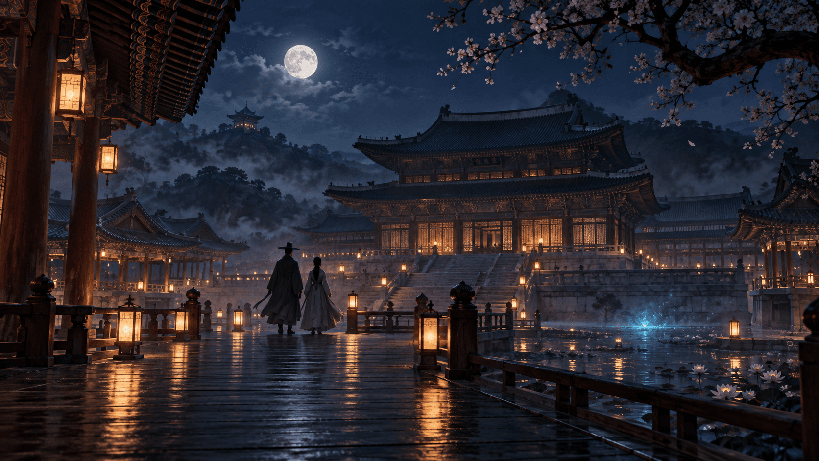 Moonlit Korean palace fantasy illustration