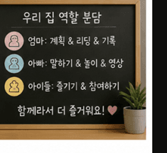 우리 집 역할 분담을 칠판에 적어둔 모습