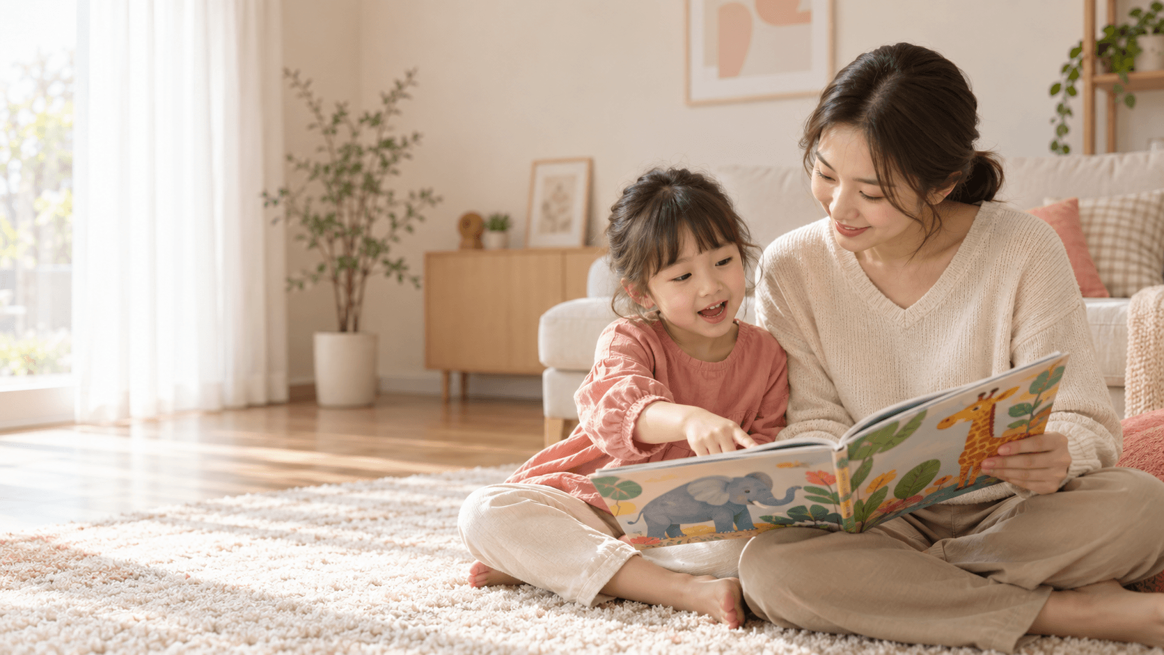 영어 그림책을 보며 아이의 이야기에 귀 기울이는 엄마와 아이