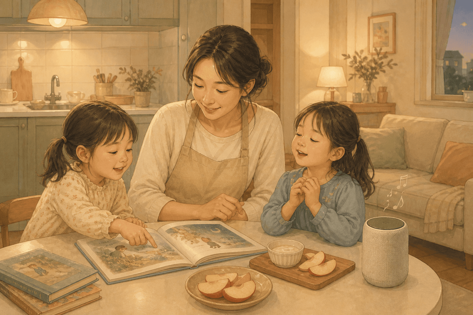 그림책 오디오를 들으며 함께 시간을 보내는 엄마와 두 딸