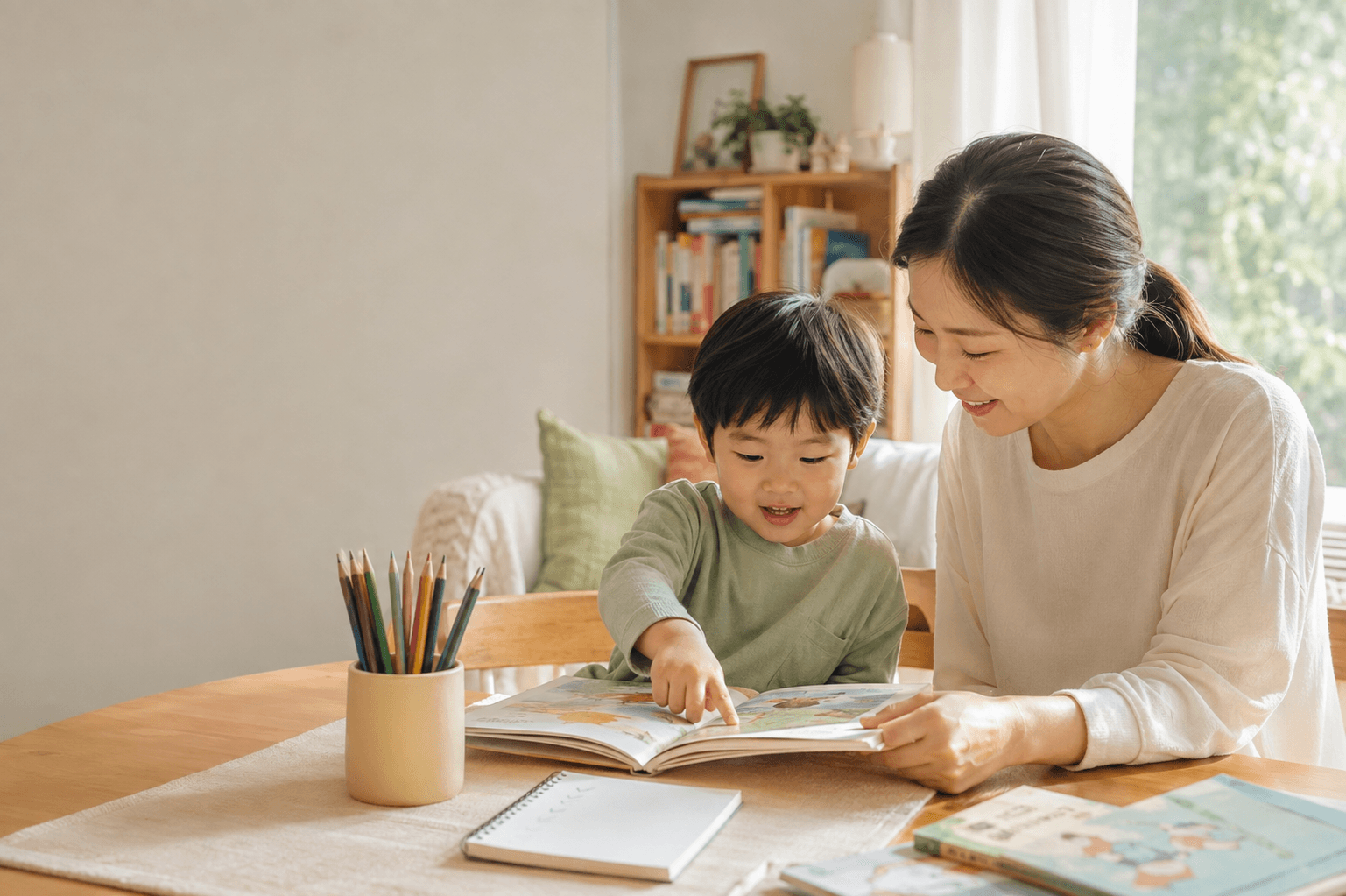 아침 햇살이 드는 집에서 영어 그림책을 함께 보는 엄마와 아이