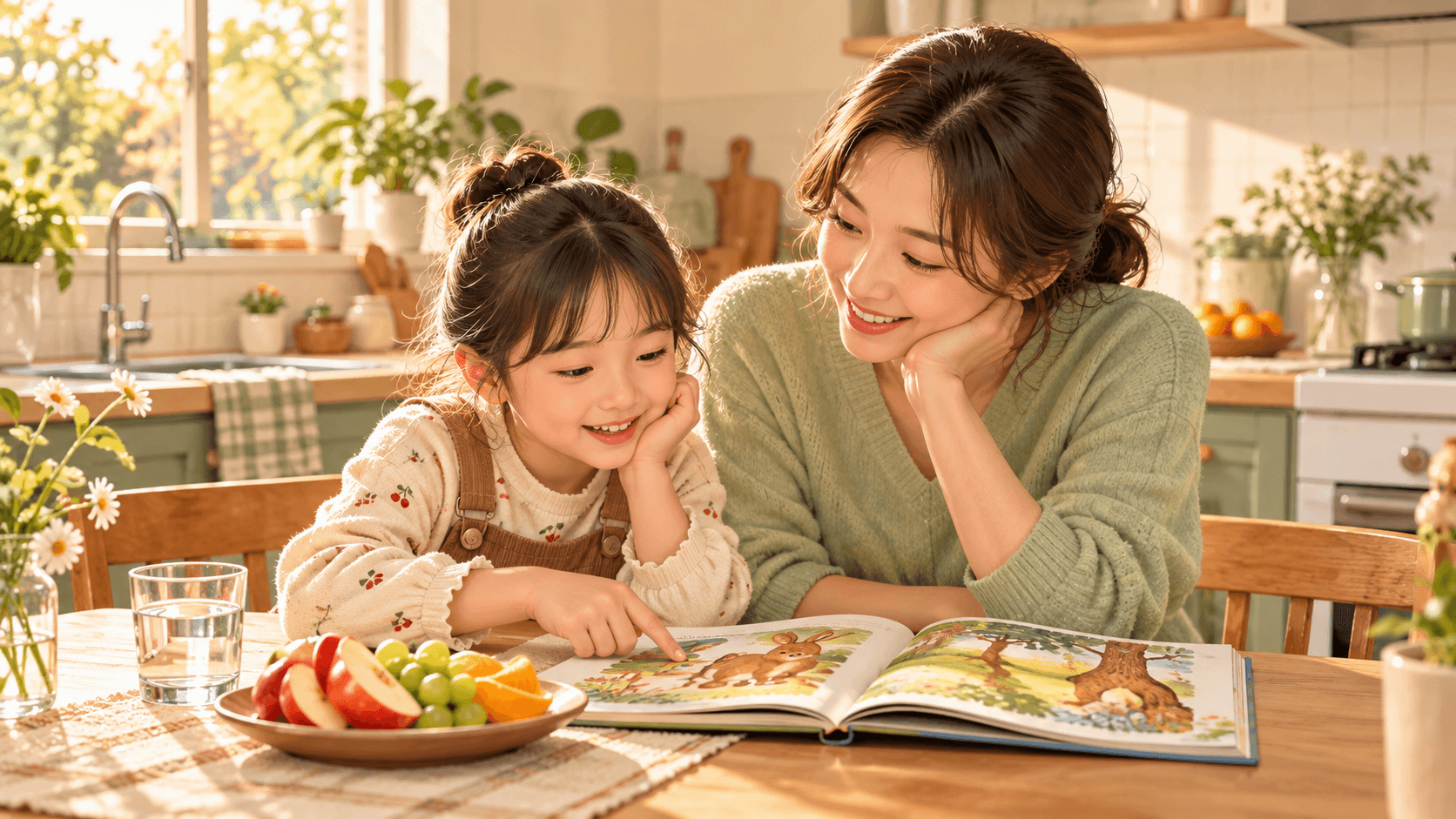 간식과 그림책을 보며 편안하게 이야기하는 엄마와 아이