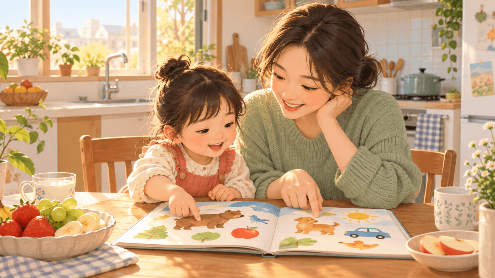 하원 후 간식과 그림책을 두고 영어를 나누는 부모와 아이의 원본 일러스트