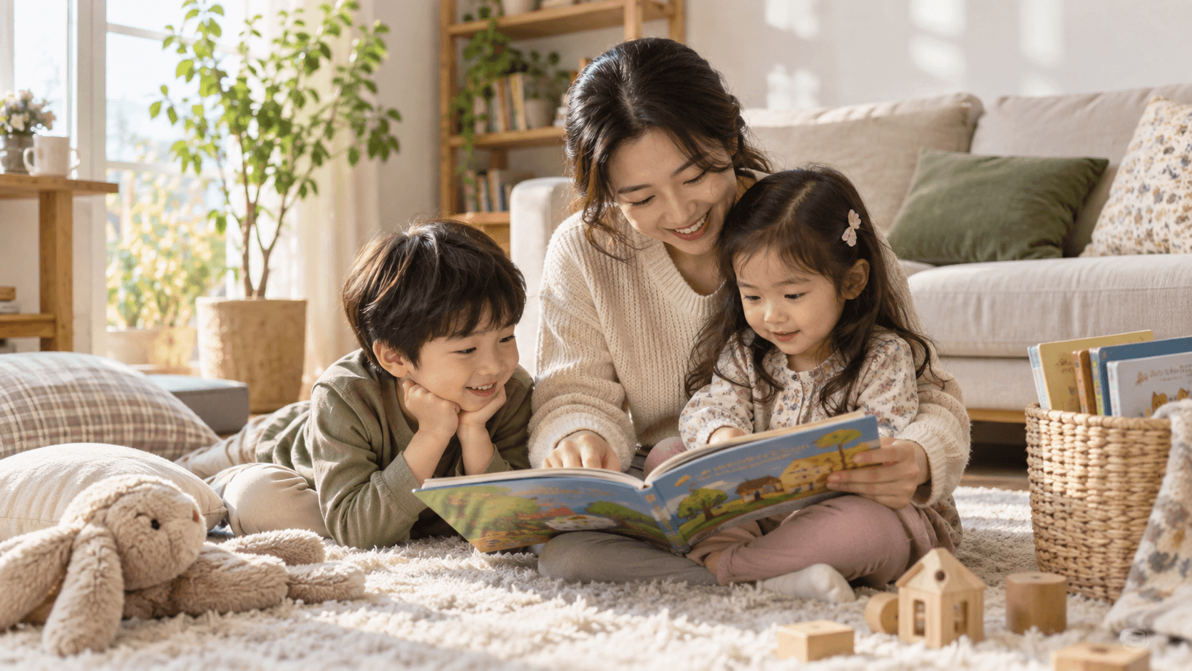 영어 그림책을 읽으며 아이의 말을 기다리는 엄마와 두 아이