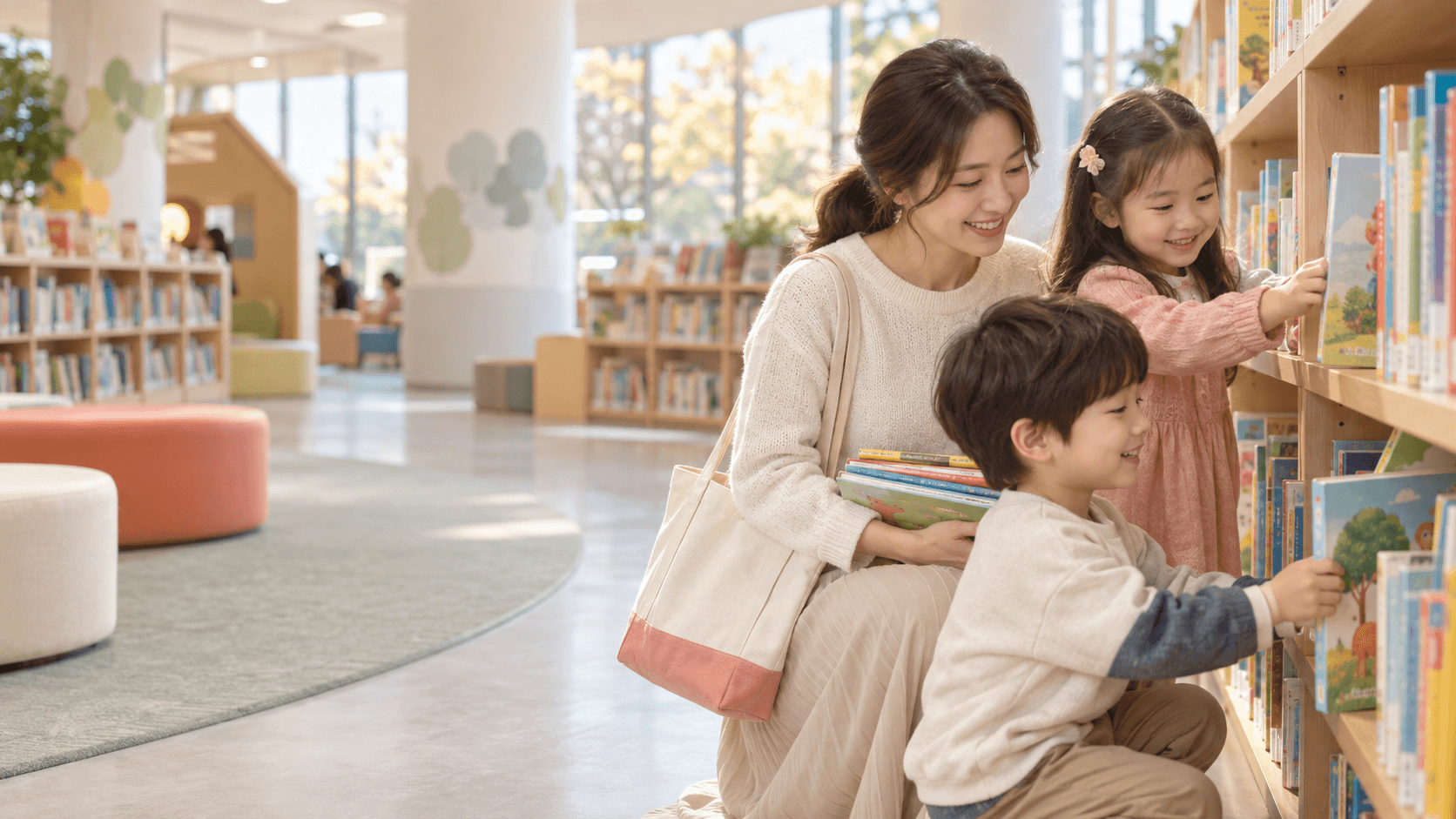 도서관에서 영어 그림책을 고르는 엄마와 두 아이
