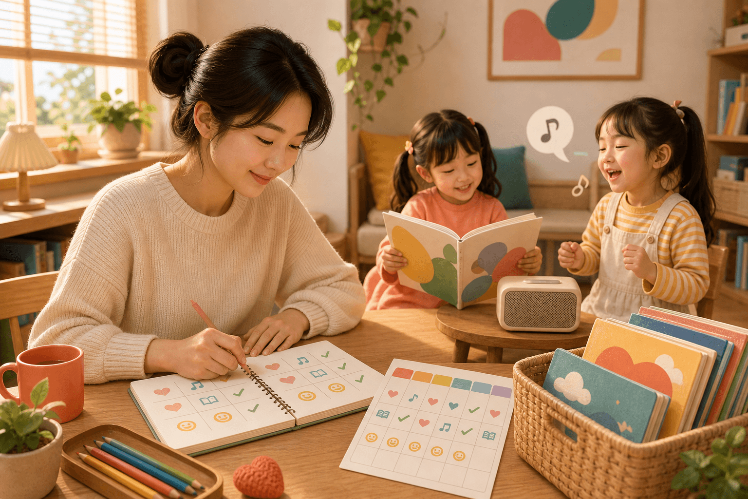 영어 그림책을 즐기는 두 아이를 보며 간단한 관찰일지를 쓰는 엄마