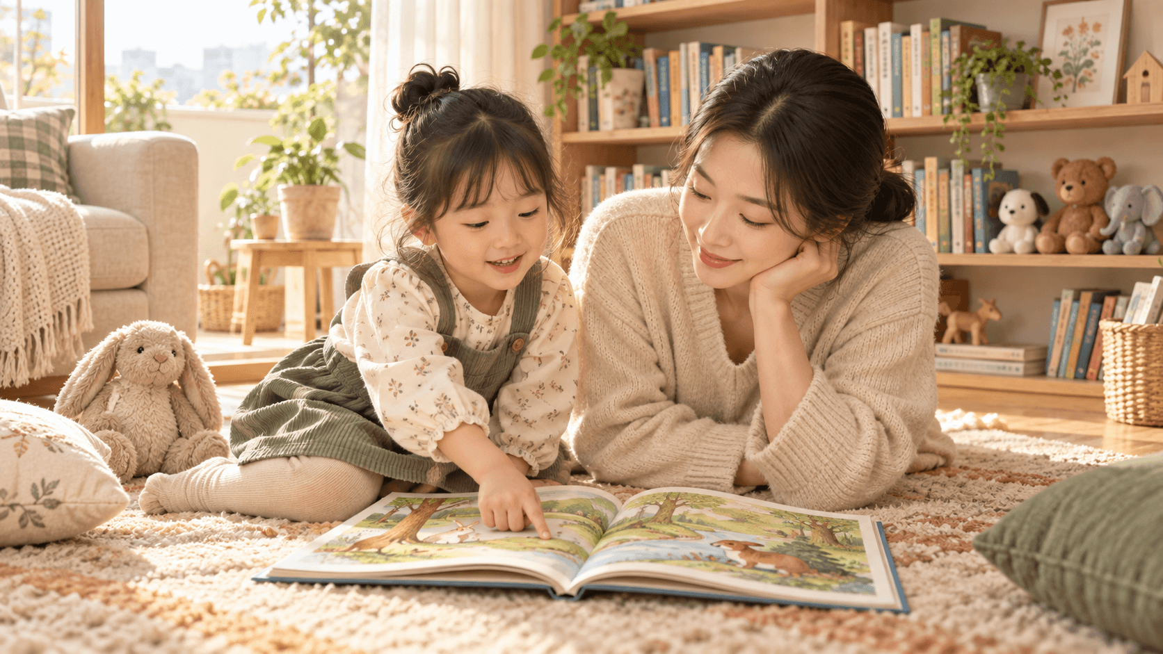 영어 그림책을 보며 아이의 반응을 기다리는 엄마