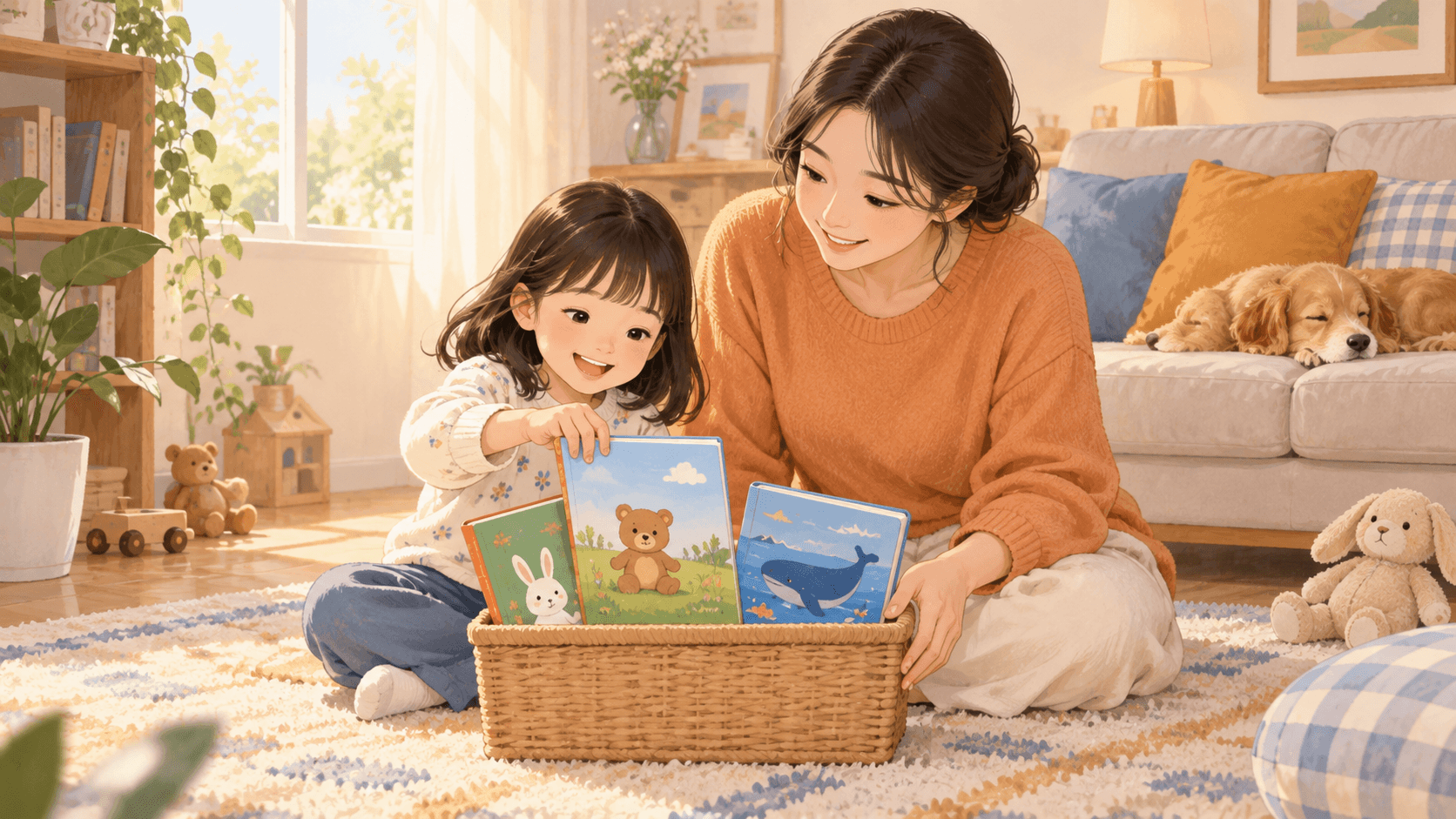 비 오는 날 거실에서 영어 그림책을 고르는 엄마와 아이