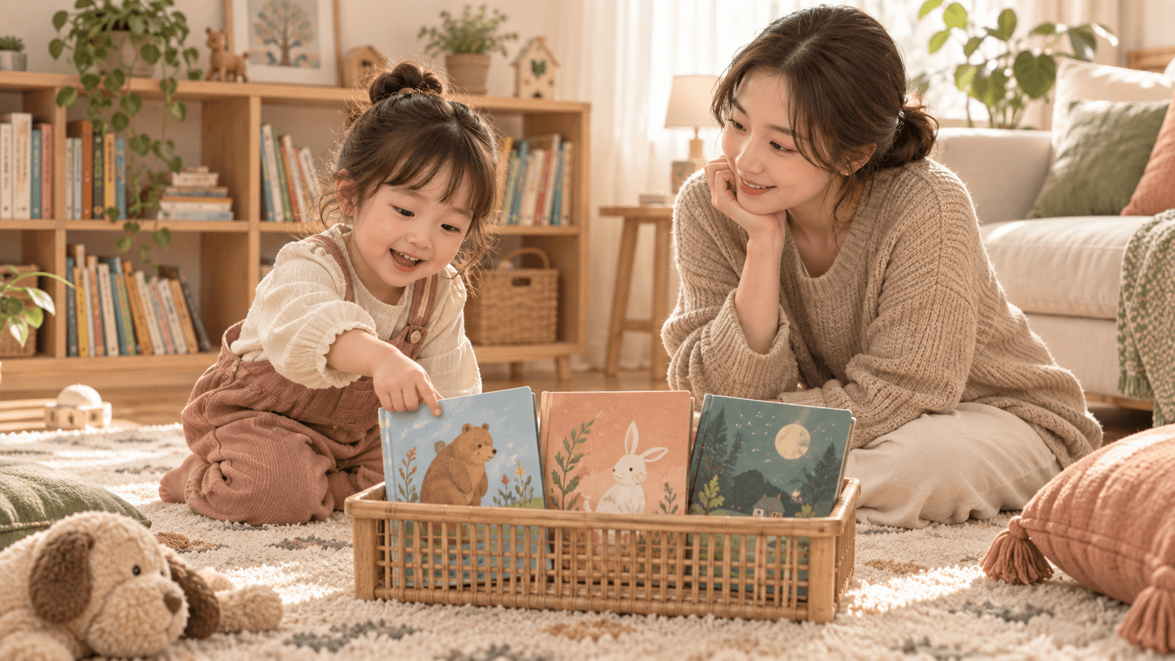 영어 그림책 세 권을 바구니에 담아 아이와 고르는 엄마
