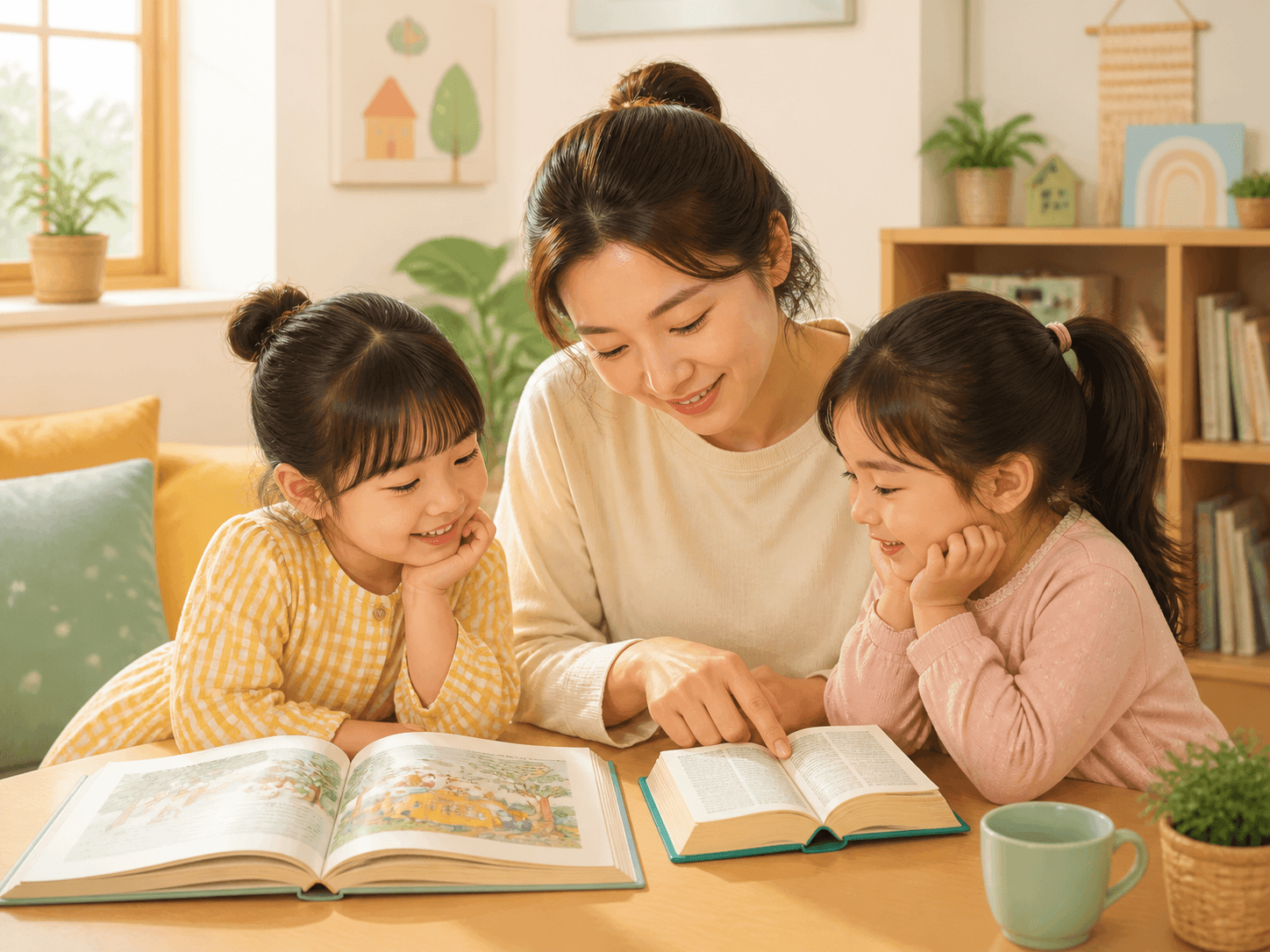 모르는 단어를 함께 찾아보며 그림책을 읽는 엄마와 아이들