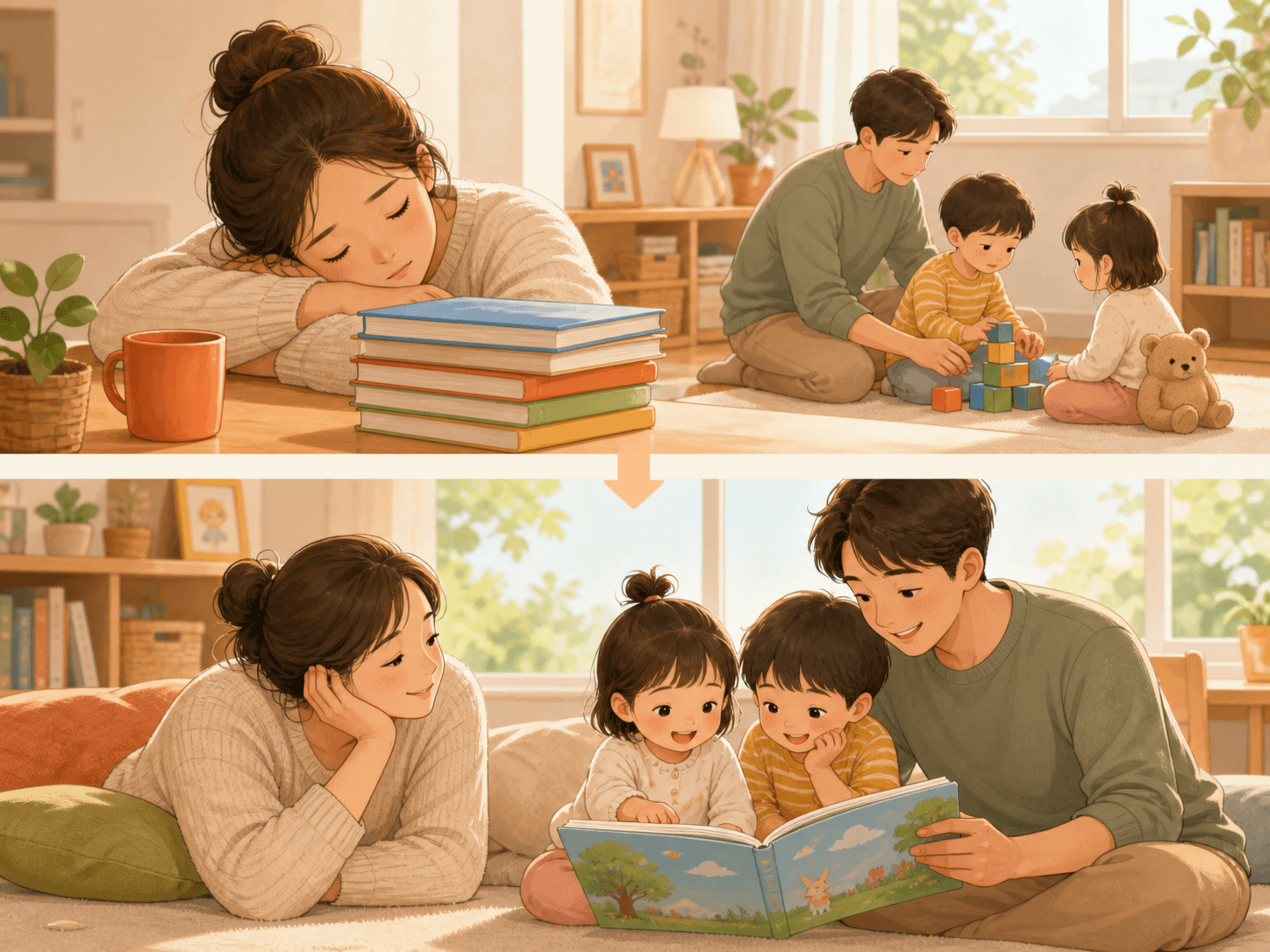 잠시 쉬었다가 좋아하는 그림책 한 권으로 다시 시작하는 가족