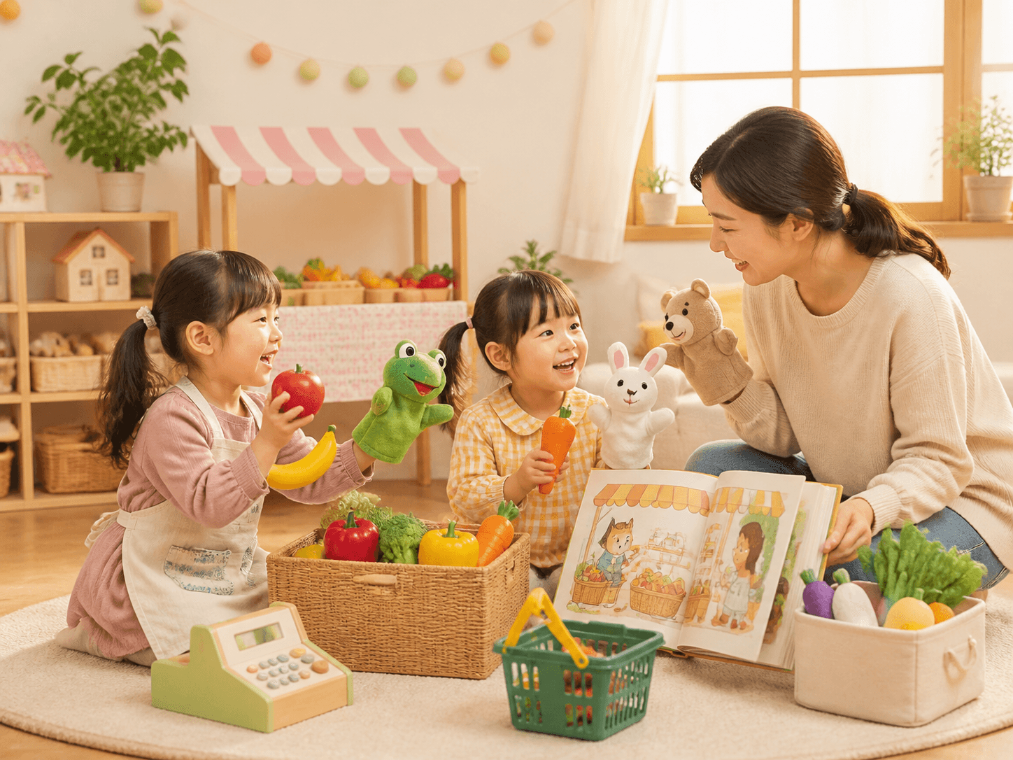 역할놀이와 그림책으로 영어를 즐기는 유아 자매