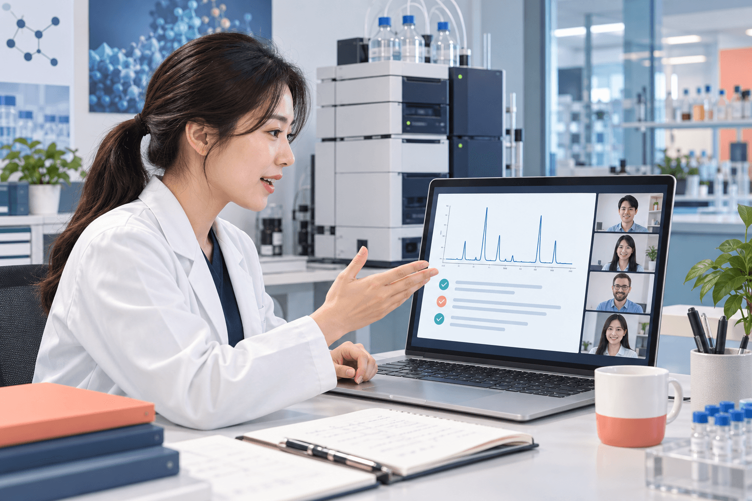 Zoom 미팅에서 HPLC 크로마토그램과 다음 action item을 공유하는 분석 연구원
